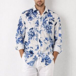 Europann st. Tropez blue and white linen floral button down shirt